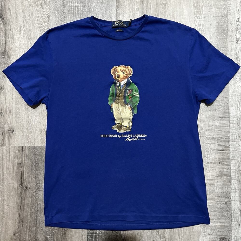 Polo Ralph Lauren Shirt Mens Blue Preppy Polo Bear Graphic SS P-Wing Tee Sz M